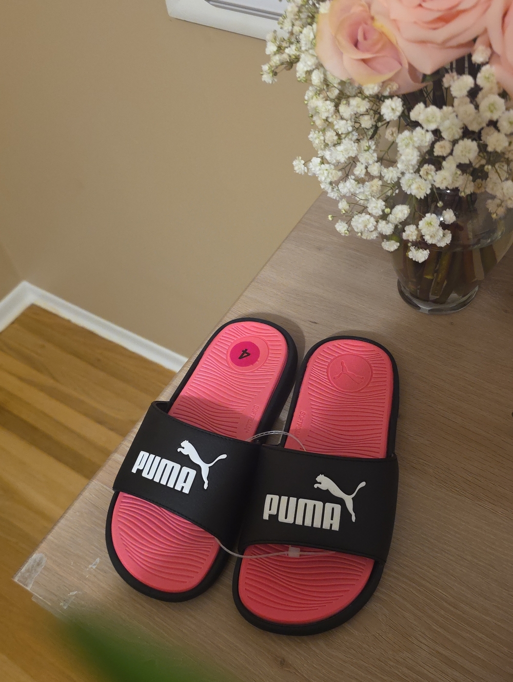 Puma Black Slide Sandals with Pink Footbed